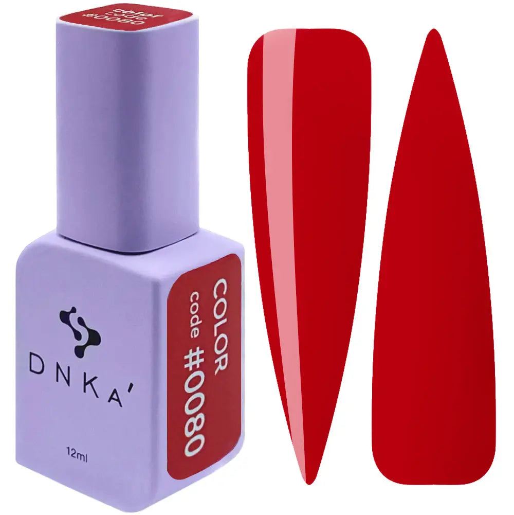 A bottle of DNKa' Gel Polish in color #0080, alongside a swatch showing the red color of the gel polish.