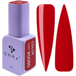 A bottle of DNKa' Gel Polish in color #0080, alongside a swatch showing the red color of the gel polish.