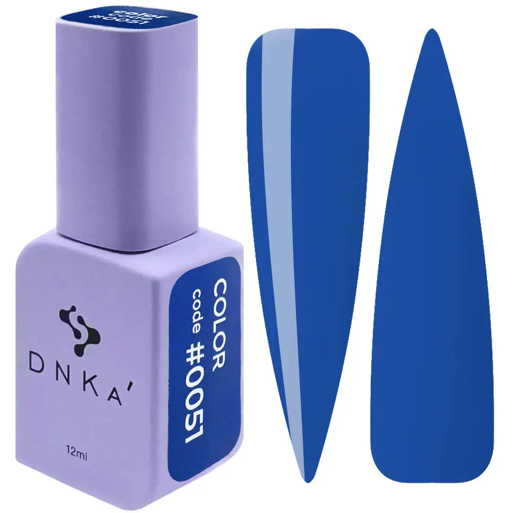 A purple DNKa' Gel Polish bottle with the cap removed, showing the blue color of the polish, alongside a blue nail polish wedge. A purple-colored DNKa' Gel Polish bottle with the code #0051 and 12 ml volume indicated
