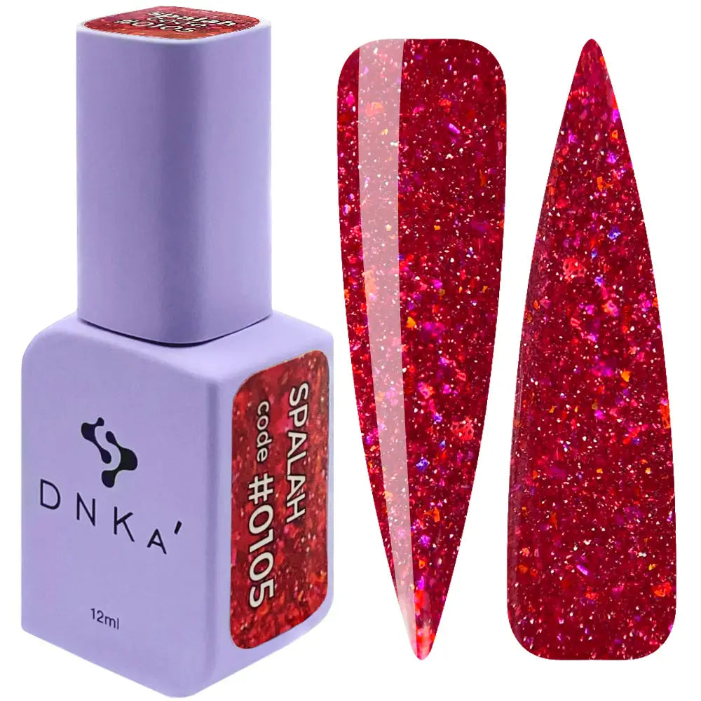 A purple jar of DNKa' Gel Polish with a red glittery polish color visible through the clear part of the jar. The label indicates the shade and brand. 0105 color