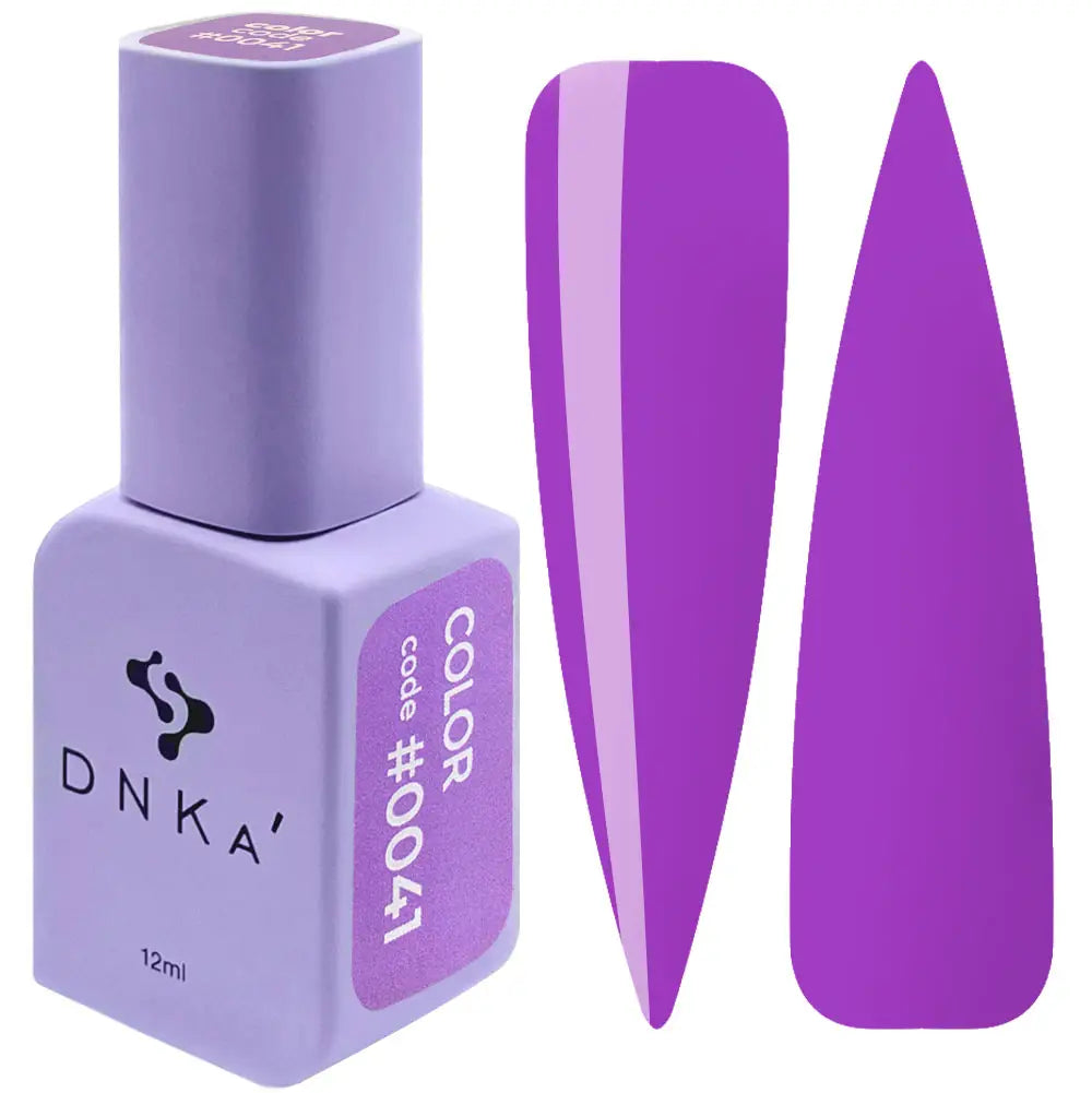 A bottle of DNKa' Gel Polish in color #0041, which is a deep purple, alongside a swatch demonstrating the color and texture of the gel polish.