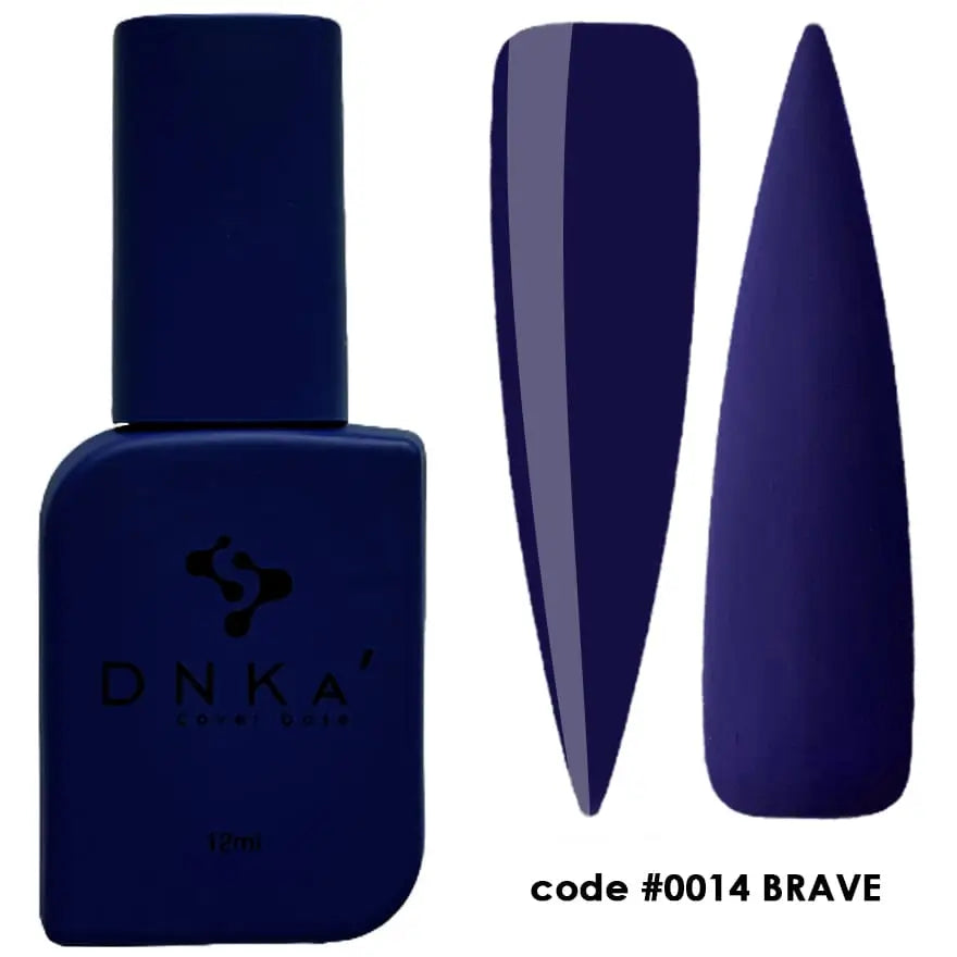 A bottle of DNKa' Cover Base in the shade #0014 Brave, which is a deep blue color, alongside a sample nail polish swatch showing the color and texture of the product.
