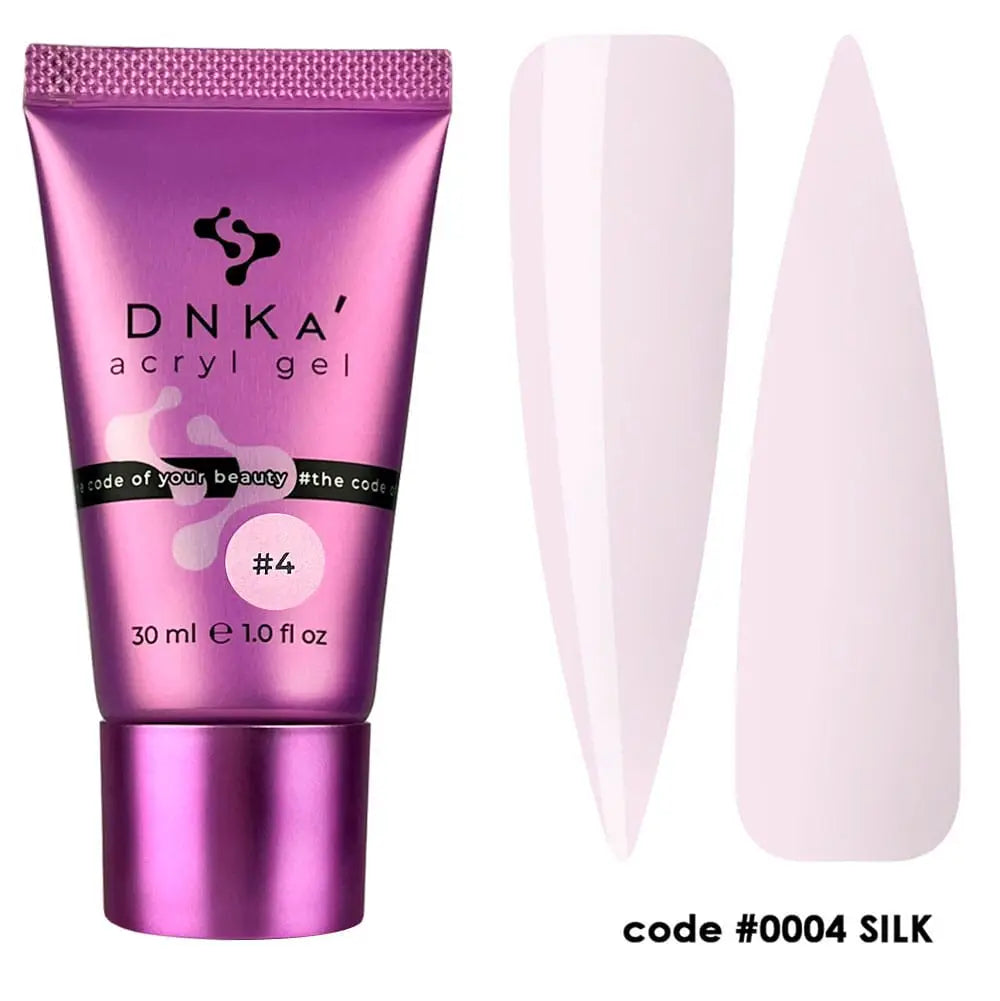 DNKA acryl gel tube with pink nail samples on a white background