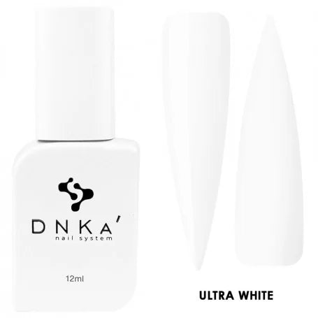 A bottle of DNKa' Gel Polish in color Ultra White, accompanied by two nail brushes, all presented against a white background.
