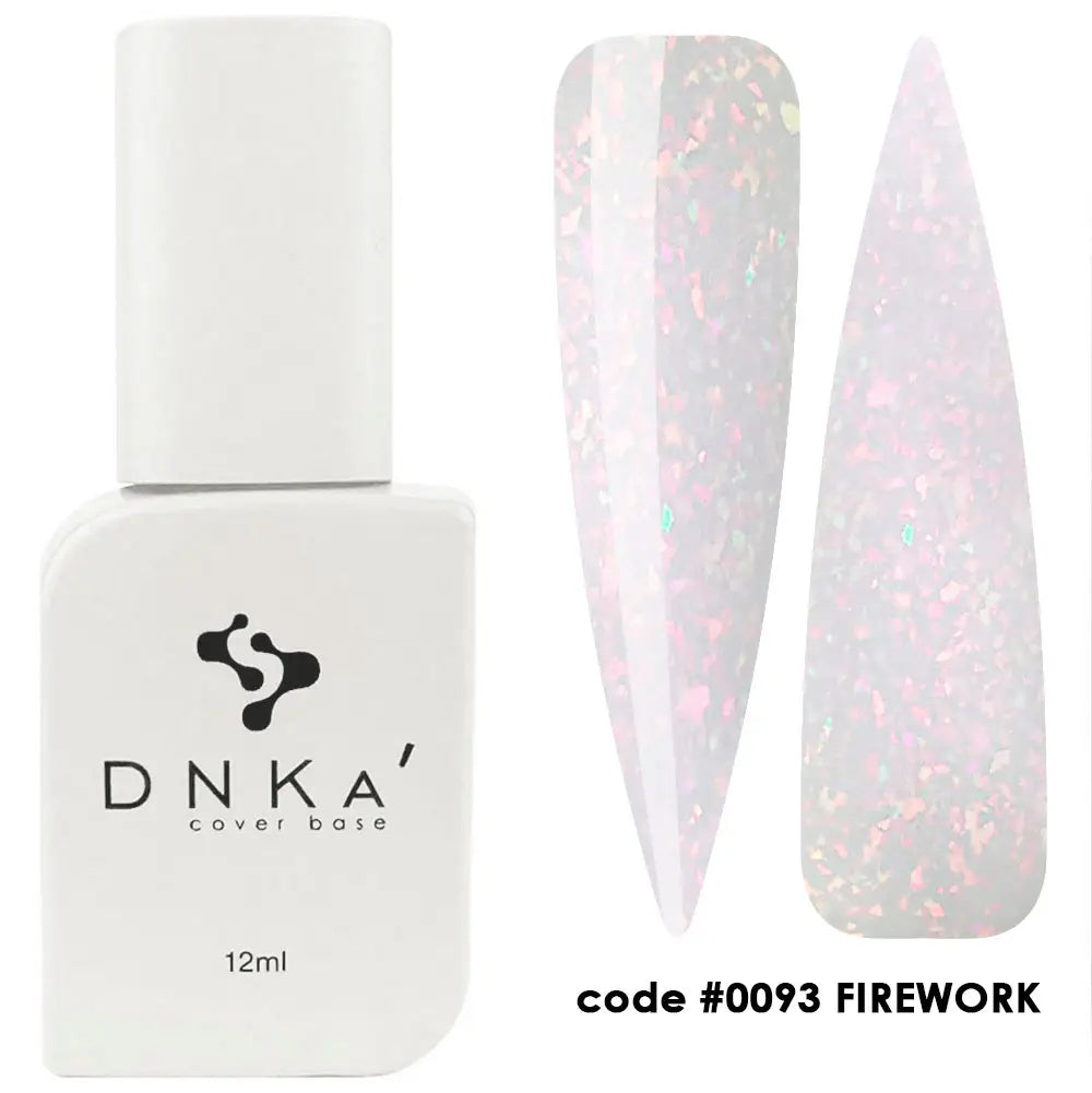 A bottle of DNKa' Cover Base with a glittery, multicolored nail polish-like finish, labeled as #0093 FIREWORK, with a capacity indicator of 12 ml.