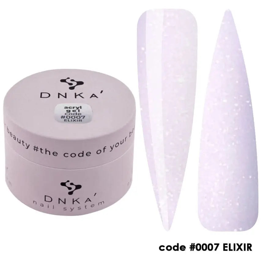The image shows a bottle of DNKa' acryl Gel in shade #0007 Elixir, which is a light pink colored nail polish. Next to the bottle, there are two artificial nails displayed, indicating the product's use for nail enhancement.