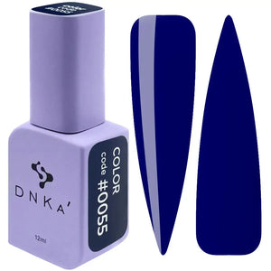 A purple DNKa' Gel Polish bottle with the cap removed, showing the deep blue color of the polish inside. A swatch of the blue color is also displayed next to the bottle. A bottle of DNKa' Gel Polish in color #0055