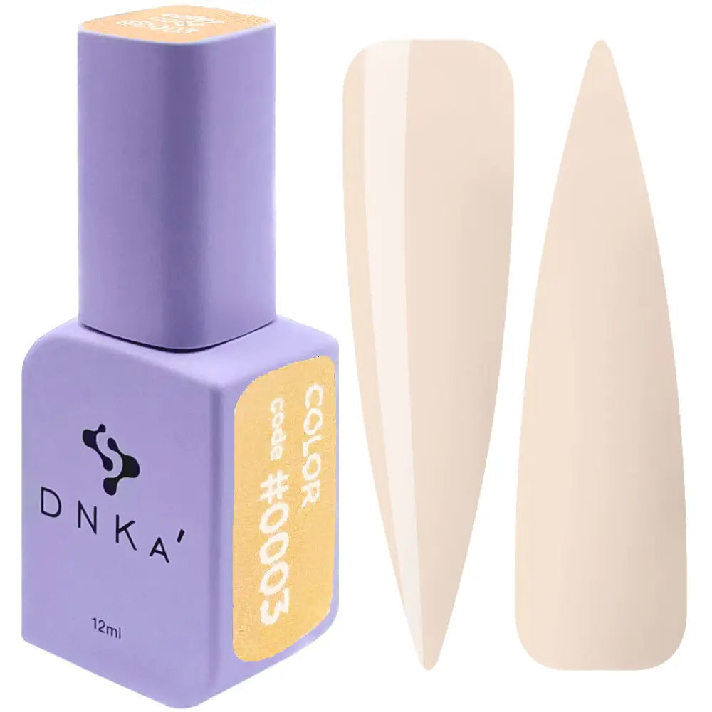 A bottle of DNKa' Gel Polish in light color #0003 alongside a visual representation of the nail polish application on a nail shape.