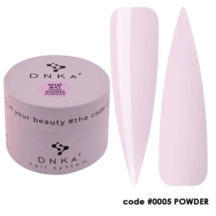 DNKA acryl gel in lcolor powder 0005 with two nail samples on a white background