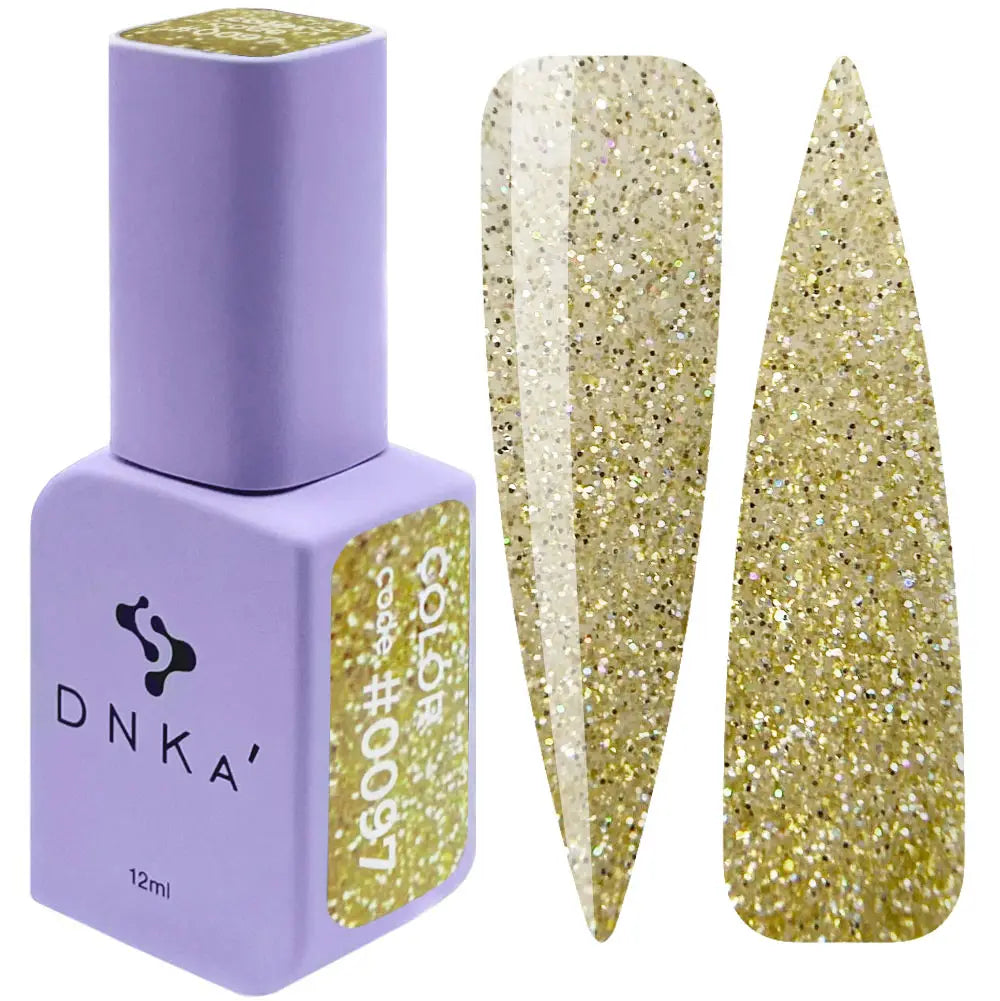A bottle of DNKa' Gel Polish in color #0097, which is a glittery gold gel polish, shown alongside a swatch demonstrating the glittery gold finish on a nail.