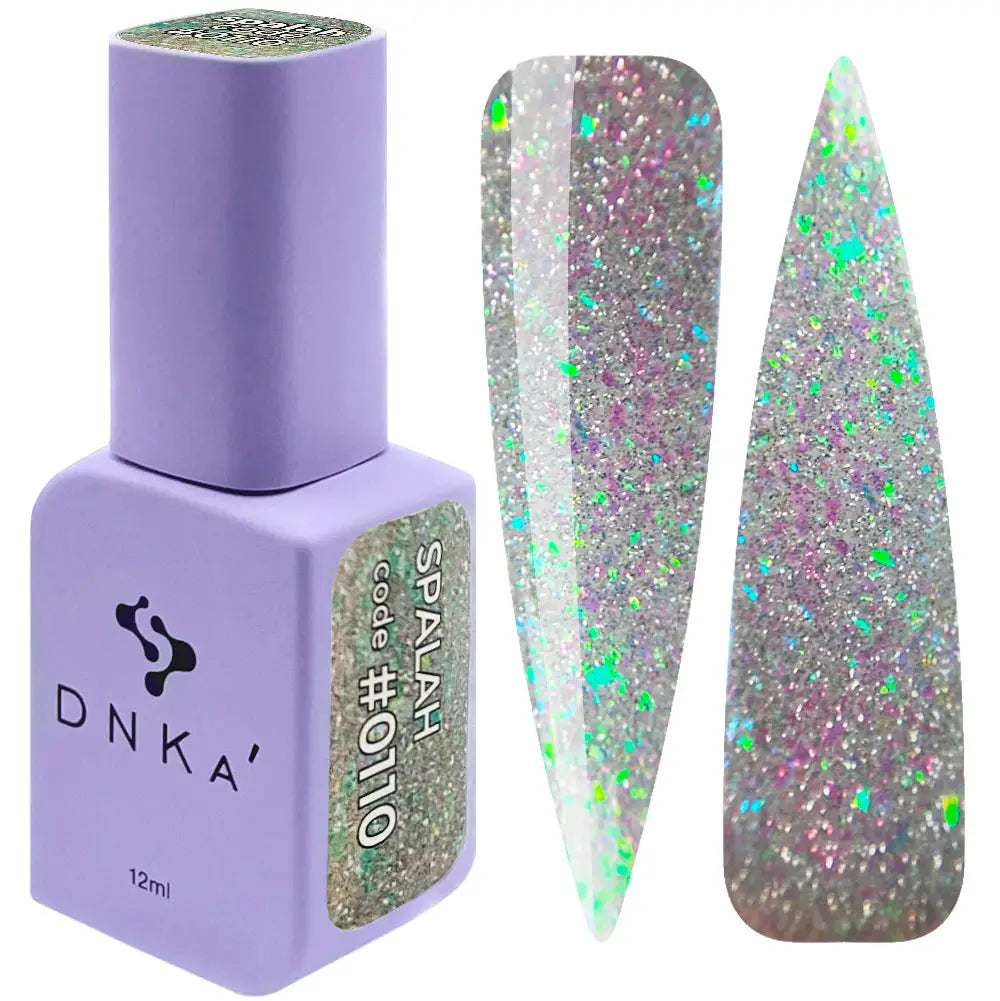 A bottle of DNKa' Gel Polish in color #0110 with a sparkly, holographic design, alongside a set of accompanying nail art stickers.