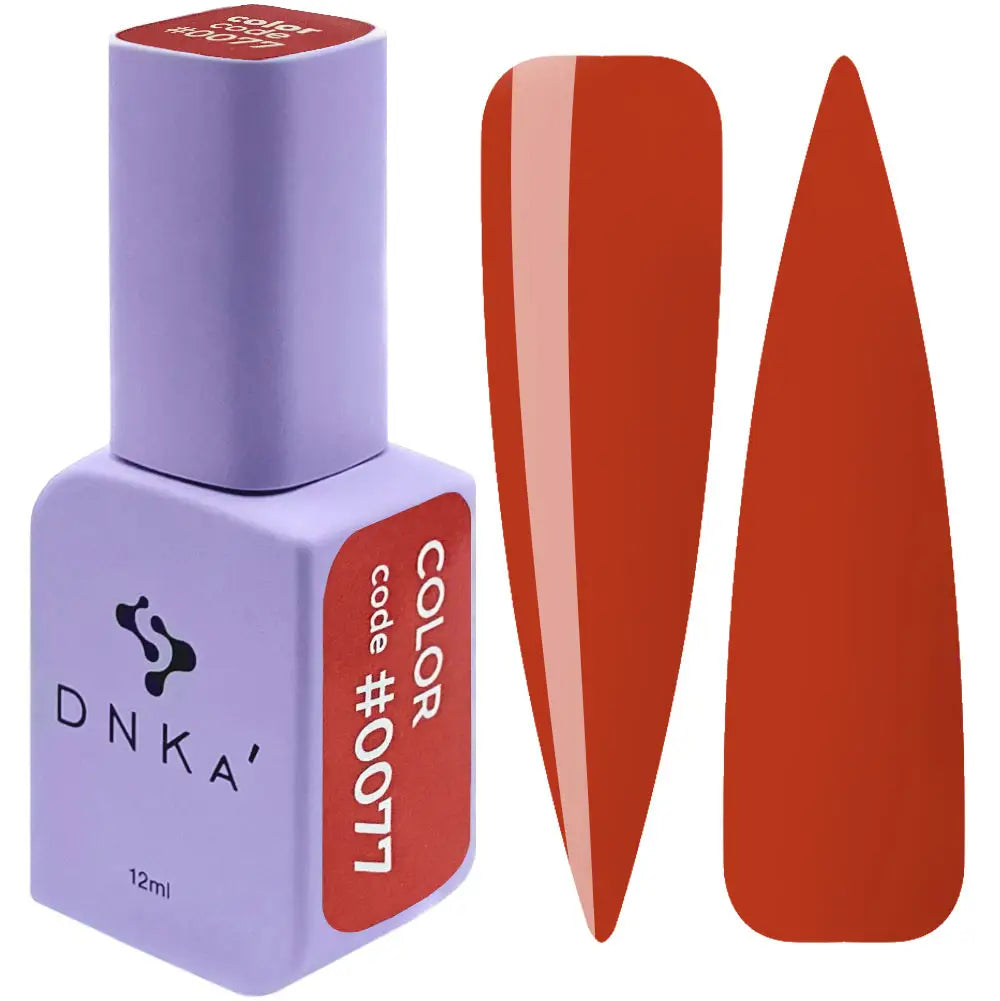 A purple-colored bottle of DNKa' Gel Polish with a red nail polish swatch behind it, indicating the color #0077