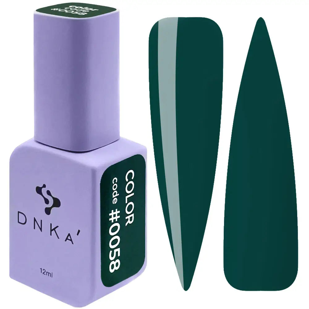A bottle of DNKa' Gel Polish in color #0058, which is a deep green color, alongside a swatch of the polish showing its application and color.