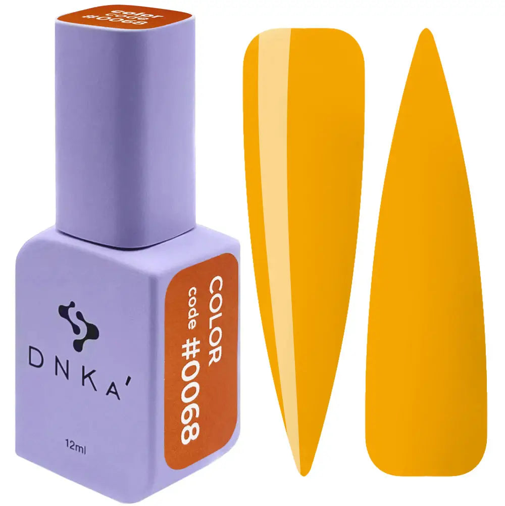 A purple DNKa' Gel Polish bottle with a soft touch velvet label, alongside a swatch of the yellow gel polish color #0068.
