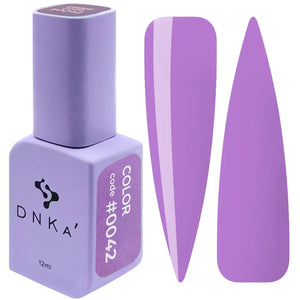 A bottle of DNKa' Gel Polish in color #0042, which is a deep purple, alongside a swatch demonstrating the color and texture of the gel polish.
