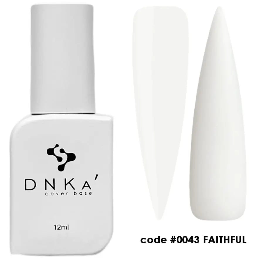 A bottle of DNKa' Cover Base #0043  in white color Faithful nail polish base, showing the product label and cap, against a white background.