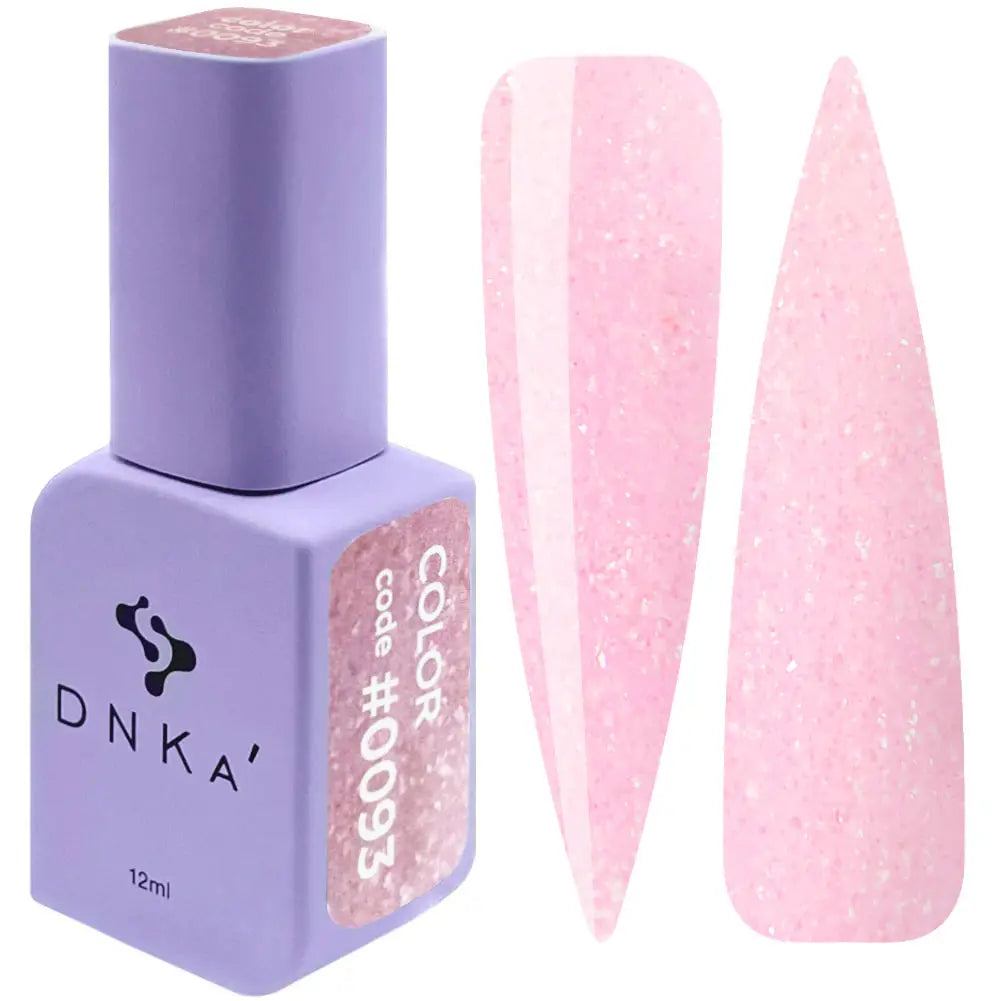 A bottle of DNKa' Gel Polish in color #0093, alongside a swatch demonstrating the glittery pink glossy finish of the polish.