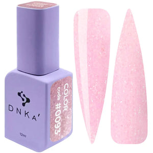 A bottle of DNKa' Gel Polish in color #0093, alongside a swatch demonstrating the glittery pink glossy finish of the polish.