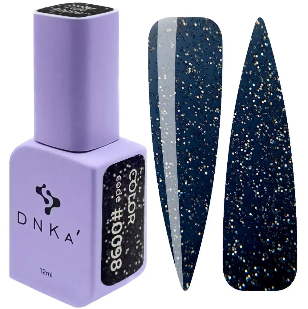 A bottle of DNKa' Gel Polish in color #0098, which is blue with glitter, alongside a visual representation of the polish applied to a nail shape showing the sparkling effect.