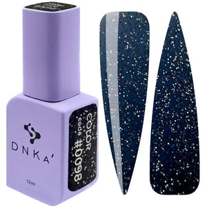 A bottle of DNKa' Gel Polish in color #0098, which is blue with glitter, alongside a visual representation of the polish applied to a nail shape showing the sparkling effect.