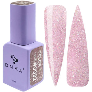 A bottle of DNKa' Gel Polish in color #0092 with a pink glittery texture, alongside a visual representation of the polish applied on a nail shape showing the sparkling finish.