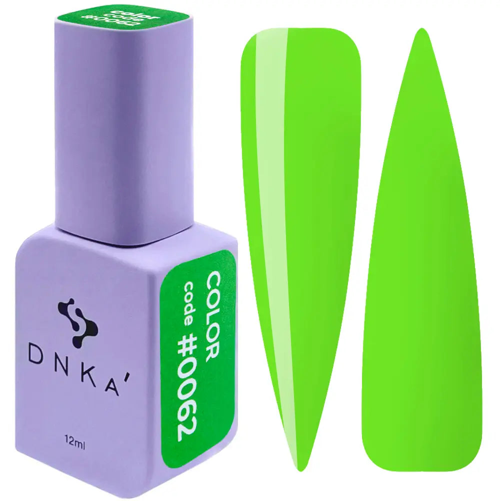 A bottle of DNKa' Gel Polish in color #0062, alongside a swatch showing the bright green color of the polish.