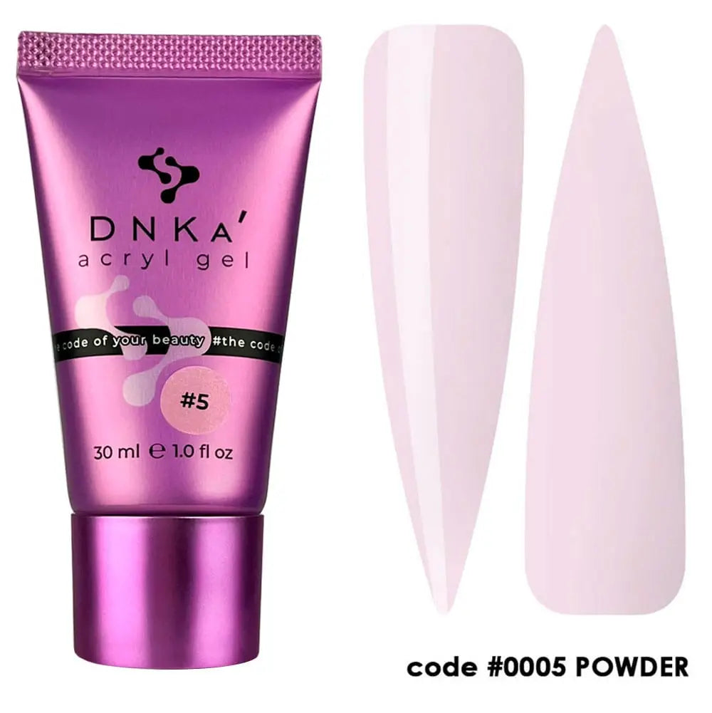 DNKA acryl gel tube with pink nail tips on a white background
