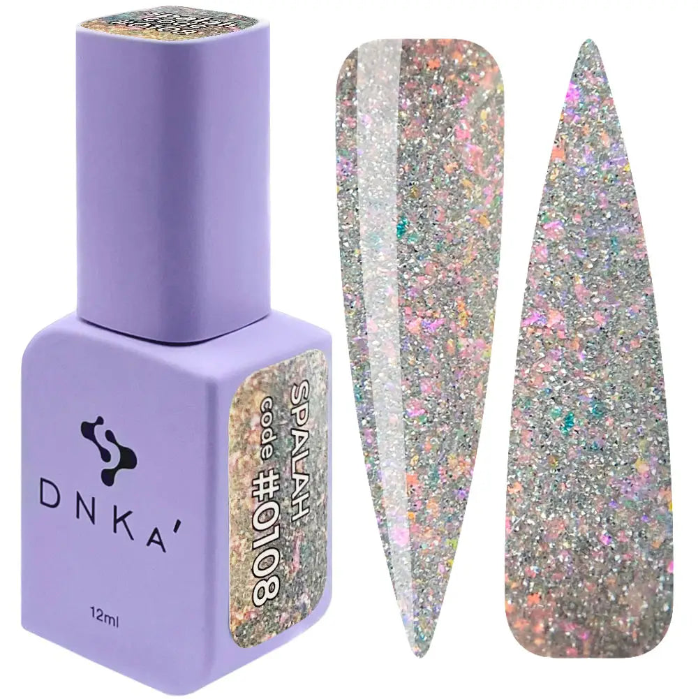 A bottle of DNKa' Gel Polish in color #0108 with a purple cap and a sample swatch showing the glittery multicolor design.