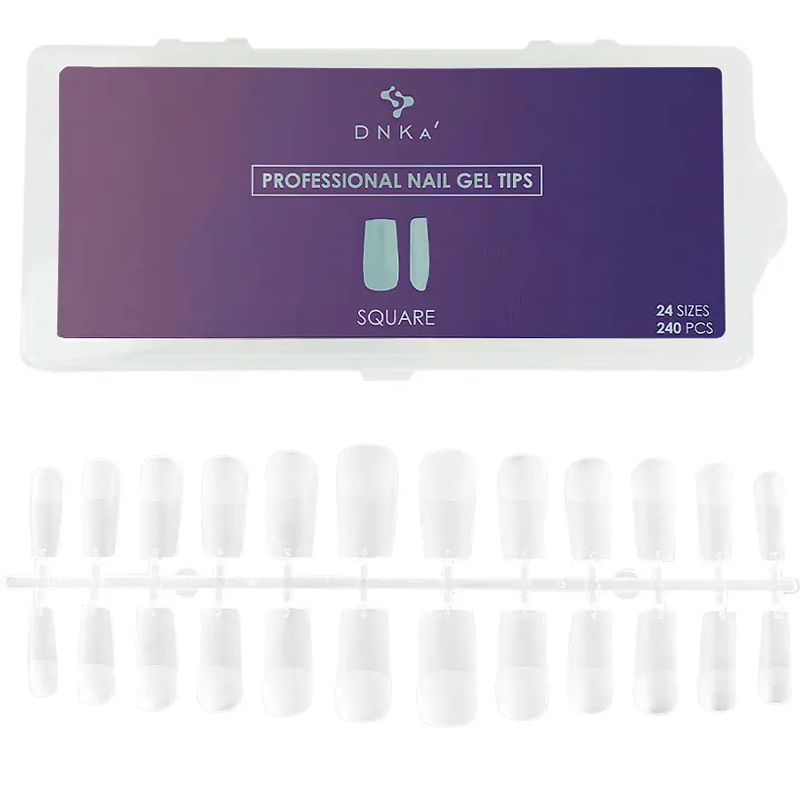 A package of DNKa' Professional Nail Gel Tips in square shape. The package contains 240 pieces and is designed for nail extension.