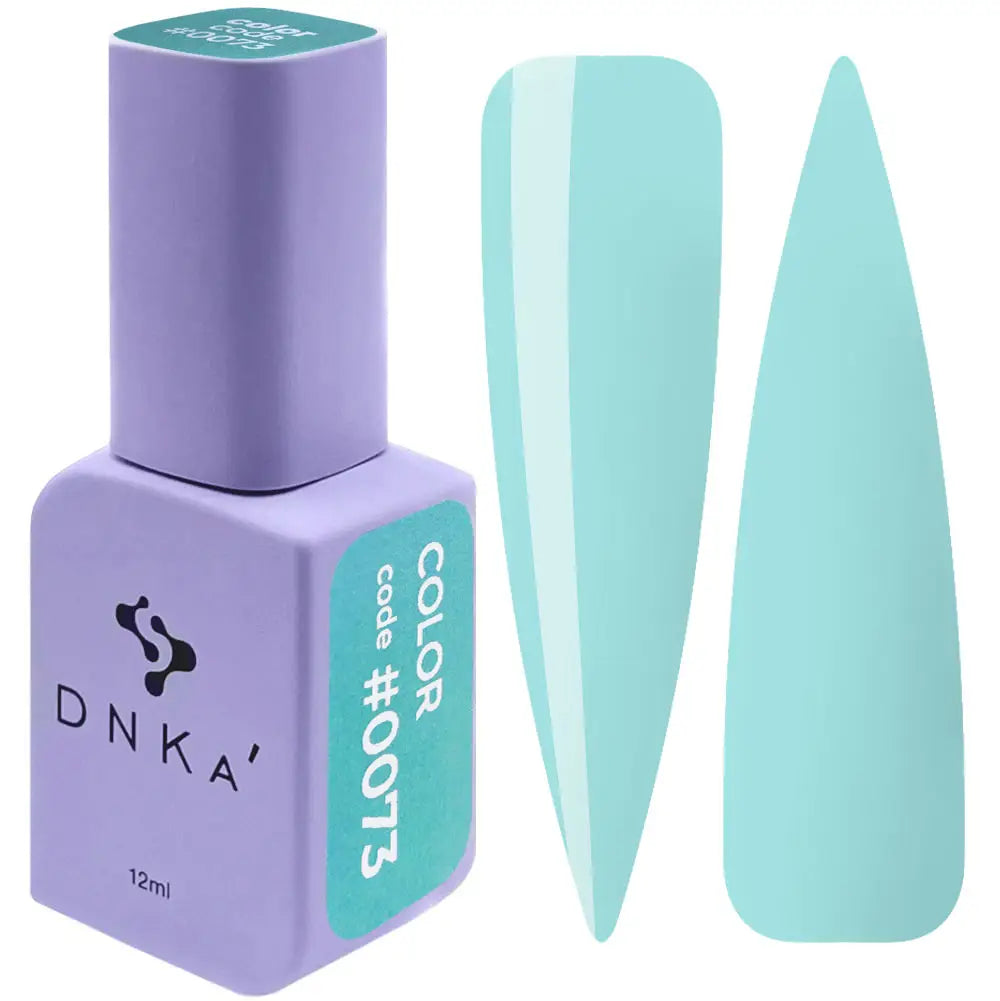 A bottle of DNKa' Gel Polish in color #0073, alongside a swatch of the corresponding nail polish color. Light green gel polish color