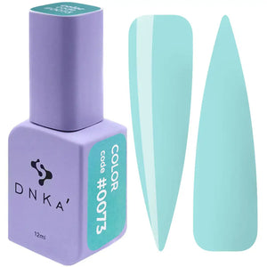 A bottle of DNKa' Gel Polish in color #0073, alongside a swatch of the corresponding nail polish color. Light green gel polish color