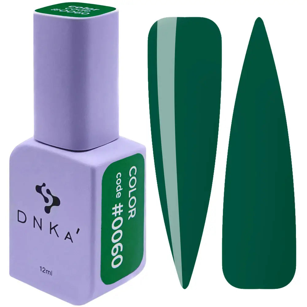 A bottle of DNKa' Gel Polish in color #0060, alongside a swatch of the dark green polish.