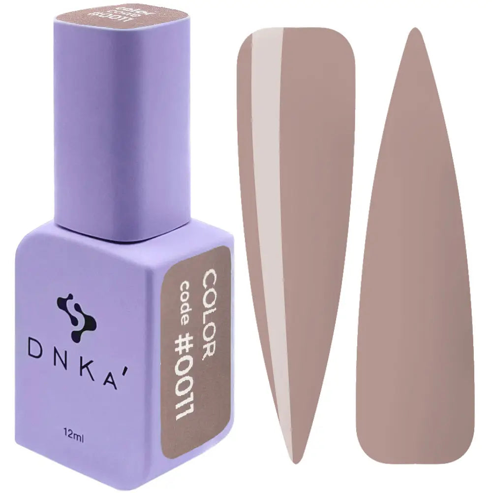 A purple DNKa' Gel Polish bottle with a velvet-like texture and a shade guide label indicating color #0011 nude color