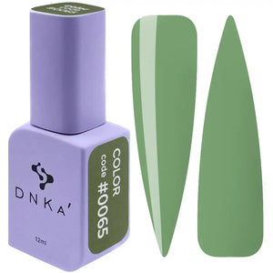 A bottle of DNKa' Gel Polish in color #0065, alongside a swatch of the green polish. Olive green gel polish color