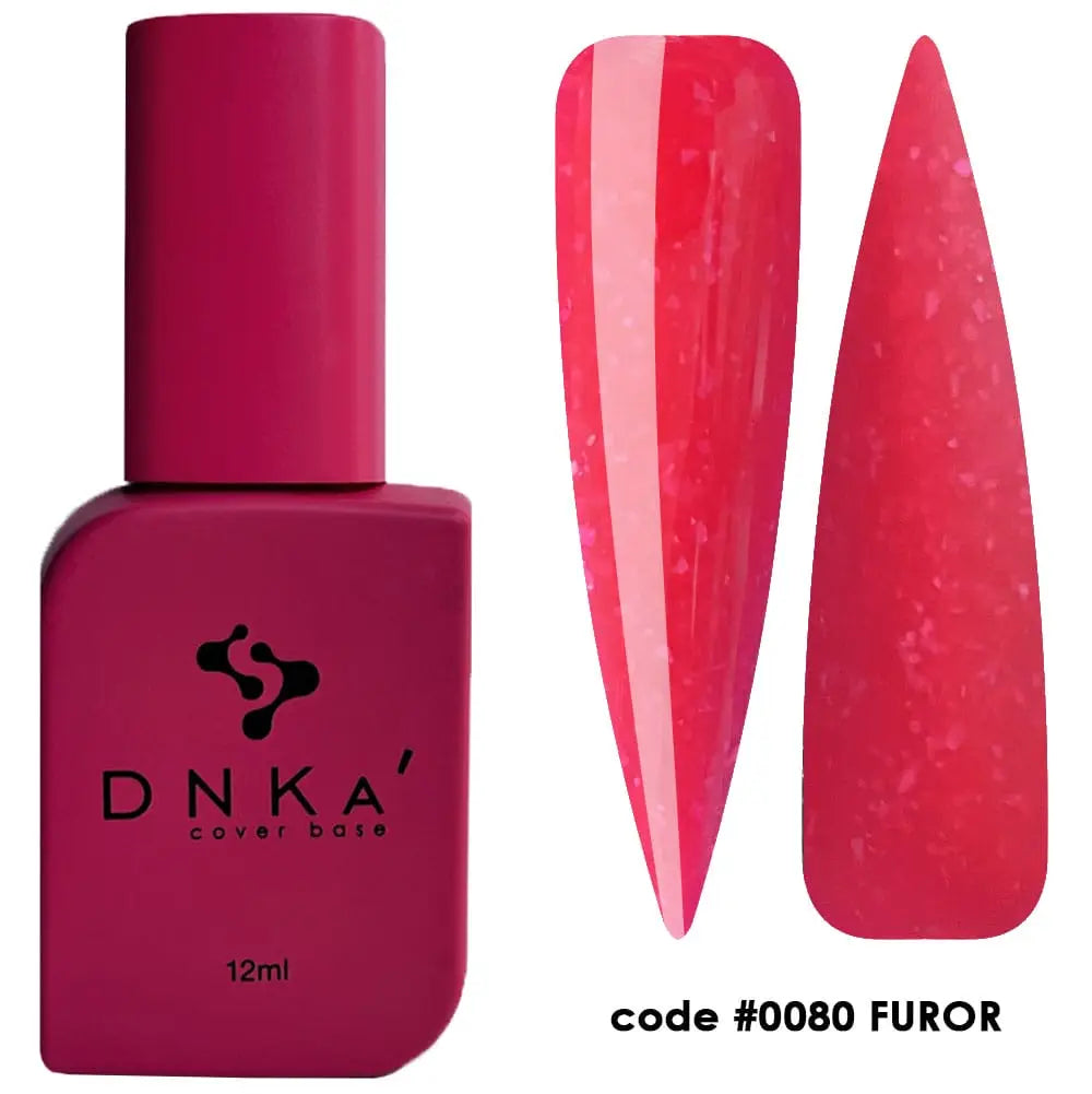 A bottle of DNKa' Cover Base with a glittery in bright red color, multicolored nail polish-like finish, labeled as #0080 Furor, with a capacity indicator of 12 ml.