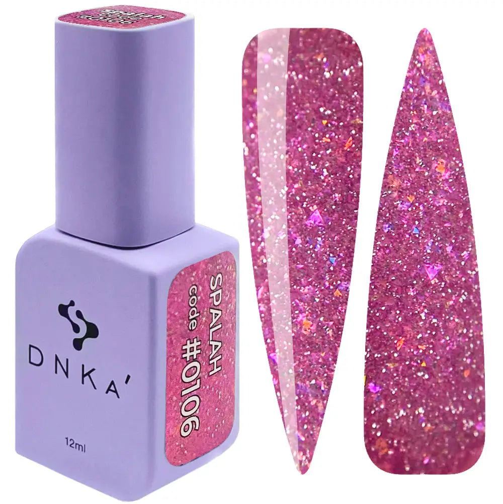 DNKA gel polish bottle with a glittery pink nail sample on a white background, splash effect 0106
