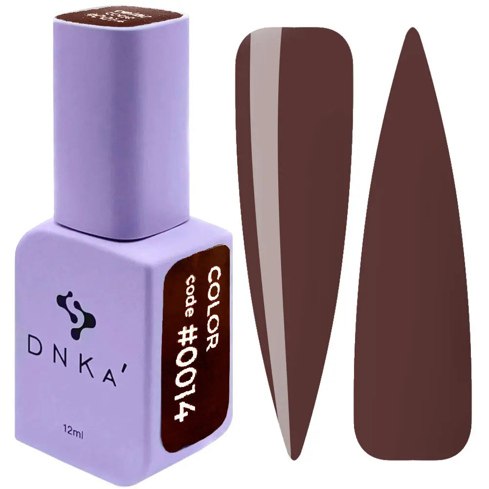 A square bottle of DNKa' Gel Polish in color #0014 with a purple cap, alongside a visual representation of the dark brown polish color on a nail shape.