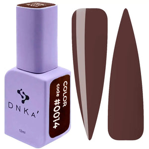 A square bottle of DNKa' Gel Polish in color #0014 with a purple cap, alongside a visual representation of the dark brown polish color on a nail shape.