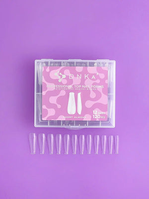 A box of DNKa' Professional Top Nail Forms, which are clear and designed for modeling nails. The box is labeled with the product name and contains 120 pieces, including various sizes for different nail shapes.