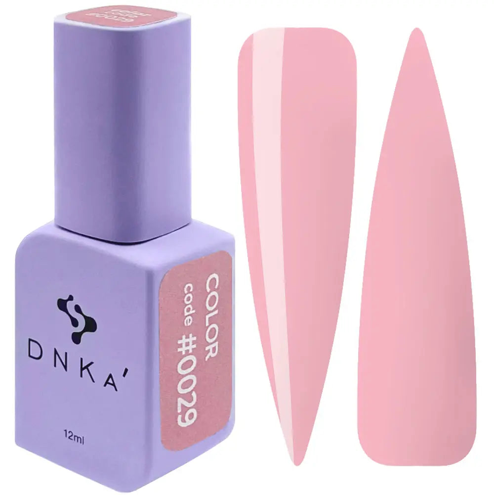 A purple-colored DNKa' Gel Polish bottle with the code #0029 and 12 ml volume indicated, alongside two pink-colored gel polish bottles.