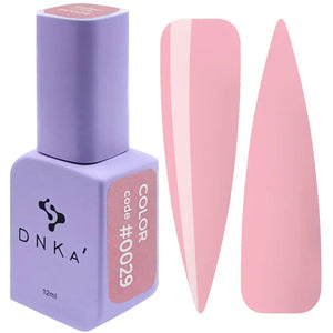 A purple-colored DNKa' Gel Polish bottle with the code #0029 and 12 ml volume indicated, alongside two pink-colored gel polish bottles.