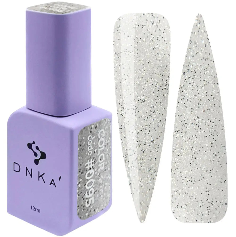 A bottle of DNKa' Gel Polish in color #0095, alongside a visual representation of the silver glittery texture of the polish applied on a nail shape.