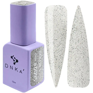 A bottle of DNKa' Gel Polish in color #0095, alongside a visual representation of the silver glittery texture of the polish applied on a nail shape.