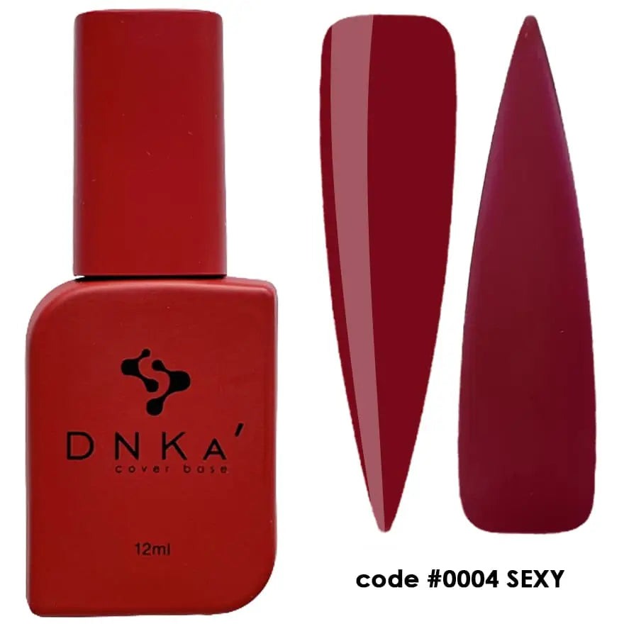 A red colored nail polish bottle labeled DNKa' with a code #000 SEXY and a swatch showing the color of the polish.