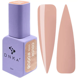 A purple DNKa' Gel Polish bottle with a velvet-like texture and a shade guide label indicating color #0008 light brown nude color