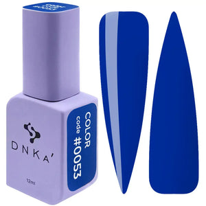 A purple-colored DNKa' Gel Polish bottle with the code #0053 and 12 ml volume indicated, alongside two blue-colored gel polish swatches.