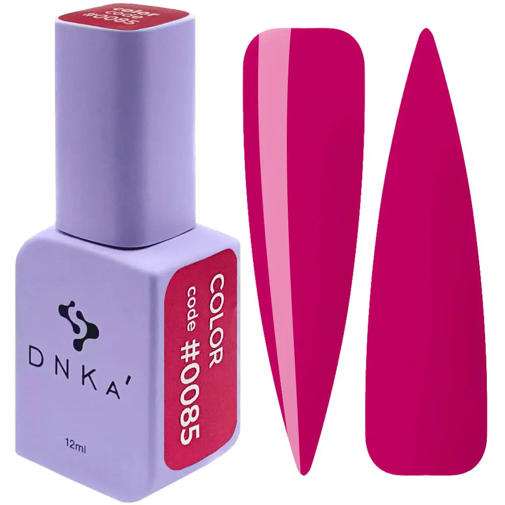 A purple bottle of DNKa' Gel Polish with a pinkish-colored gel visible at the bottom. The bottle is labeled with 'Color #0085' and has a '12 ml' indication.