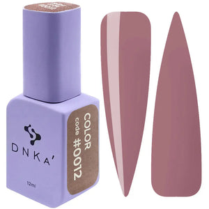 A square bottle of DNKa' Gel Polish in color #0012 with a purple cap, alongside a visual representation of the brown polish color on a nail shape.