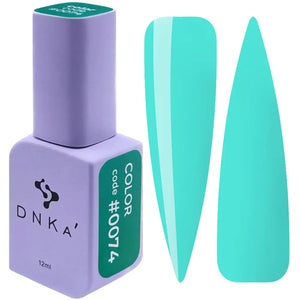 A bottle of DNKa' Gel Polish in color #0074, alongside a sample nail color swatch. Green gel polish