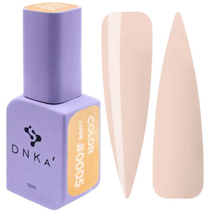 A bottle of DNKa' Gel Polish in nude color #0005 alongside a visual representation of the nail polish application on a nail shape.
